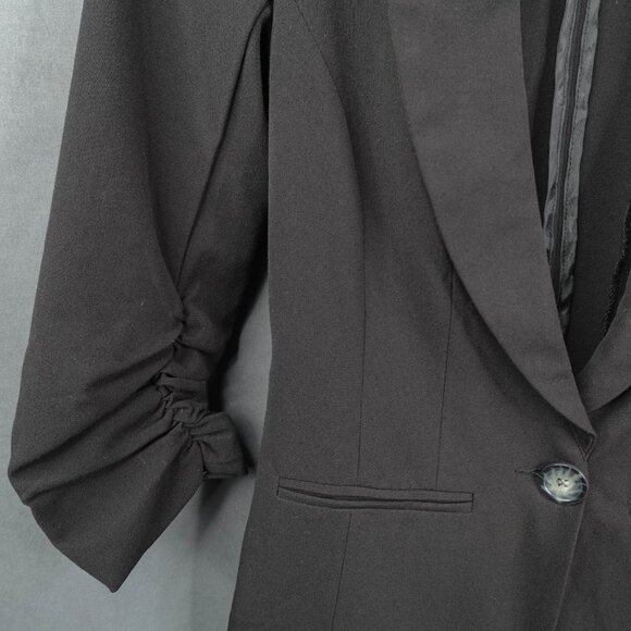 Women Blazer Jacket XS Black Retro Y2K Ruched Sleeve Minimalist Capsule Corpcore - Picture 2 of 11